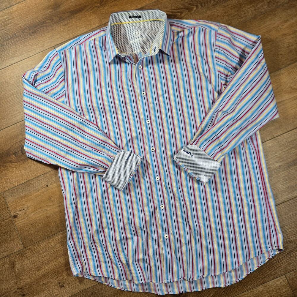 Bugatchi Uomo Shirt XXL Blue Striped Button Down Long Sleeve Luxury Cotton